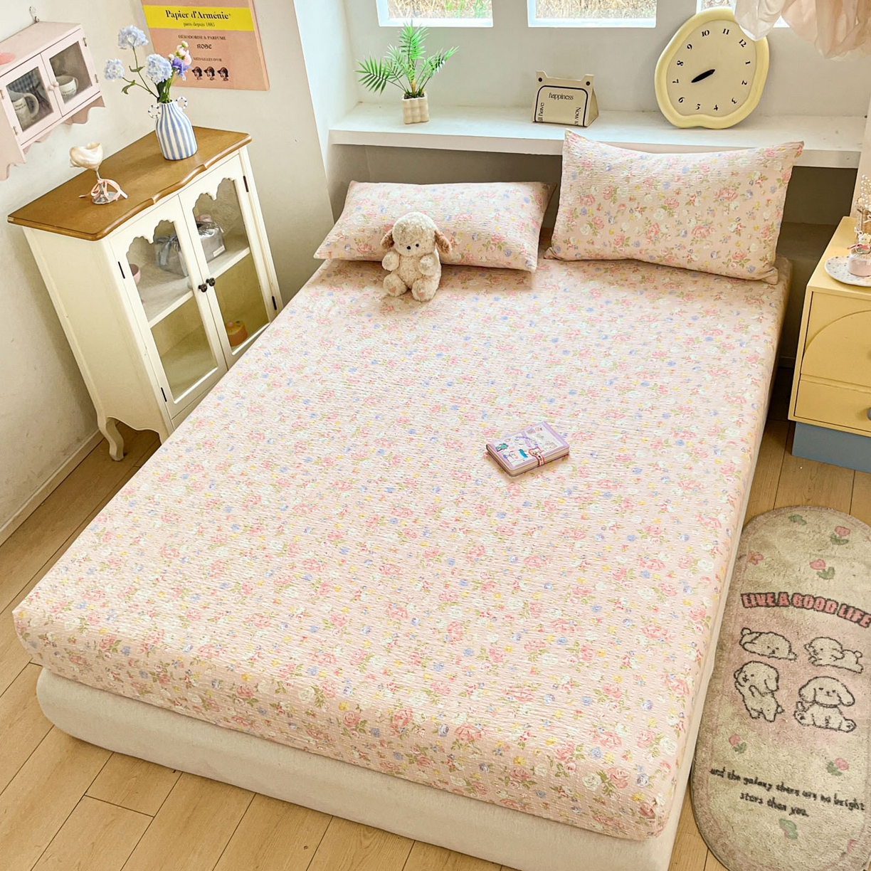 91家纺网 家纺一手货源 找家纺 蓝极人 2026新款泡泡纱印花床笠 CL浅夏