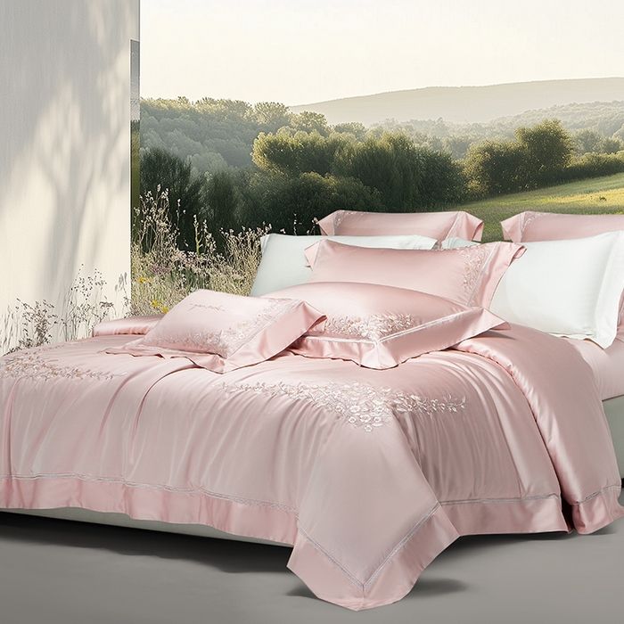 91家纺网 家纺一手货源 找家纺 诗黛尔 2026春夏新品天丝刺绣四件套若水伊人系列 若水伊人-落樱粉