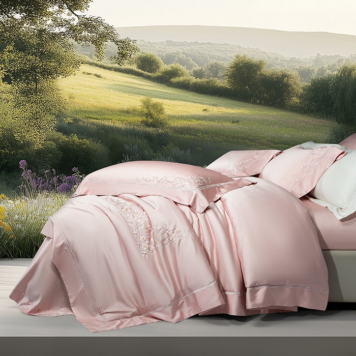 91家纺网 家纺一手货源 找家纺 诗黛尔 2026春夏新品天丝刺绣四件套若水伊人系列 若水伊人-落樱粉