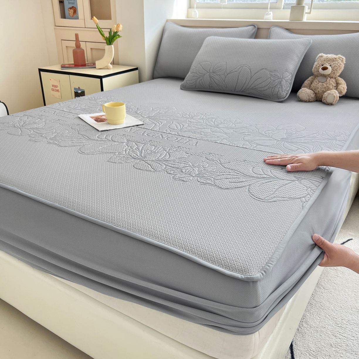 能好家纺 2026新款高分子PE冰豆豆凉席床笠款 半夏灰