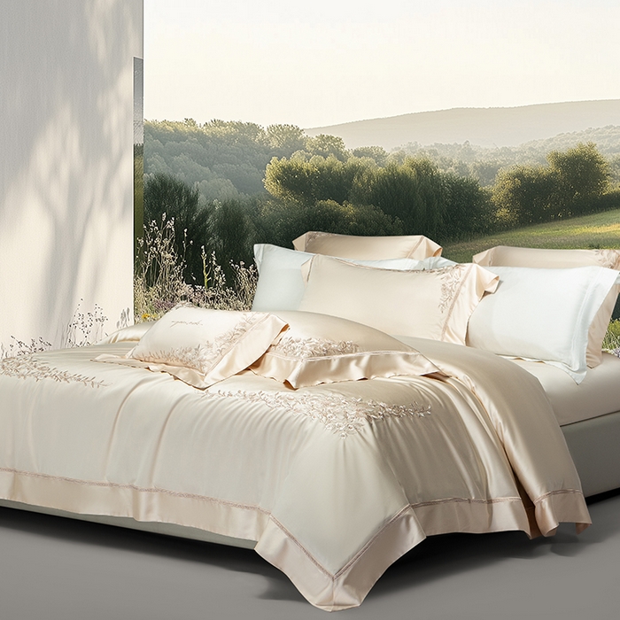 91家纺网 家纺一手货源 找家纺 诗黛尔 2026春夏新品天丝刺绣四件套若水伊人系列 若水伊人-卡其色