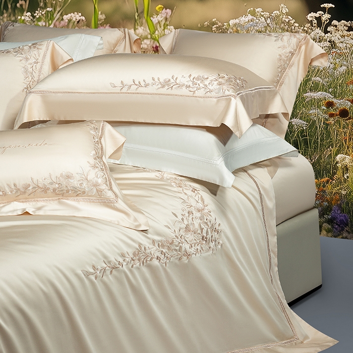 91家纺网 家纺一手货源 找家纺 诗黛尔 2026春夏新品天丝刺绣四件套若水伊人系列 若水伊人-卡其色