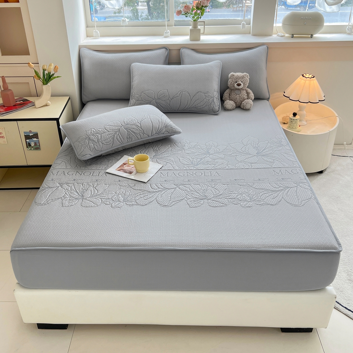 91家纺网 家纺一手货源 找家纺 能好家纺 2026新款高分子PE冰豆豆凉席床笠款 半夏灰