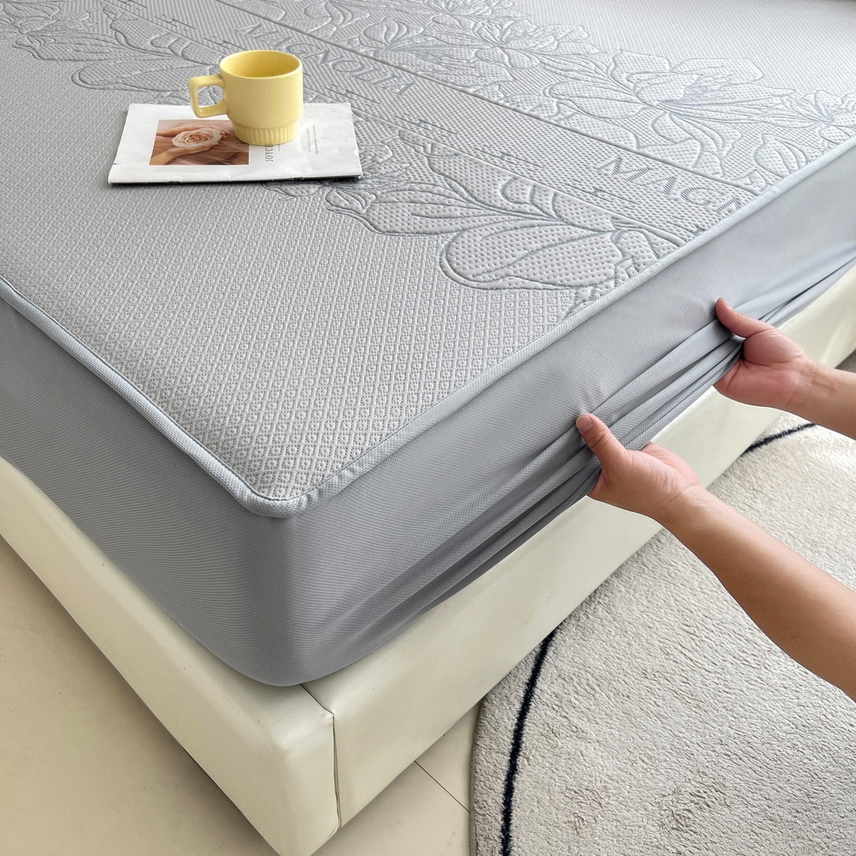 91家纺网 家纺一手货源 找家纺 能好家纺 2026新款高分子PE冰豆豆凉席床笠款 半夏灰