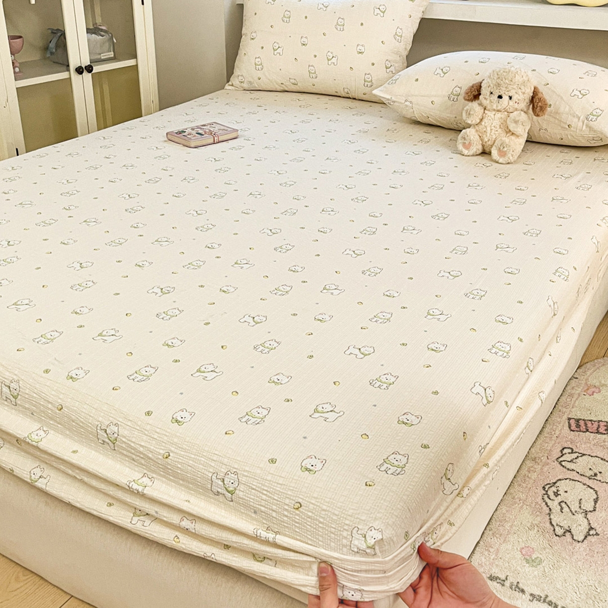 91家纺网 家纺一手货源 找家纺 蓝极人 2026新款泡泡纱印花床笠 CL耶耶狗