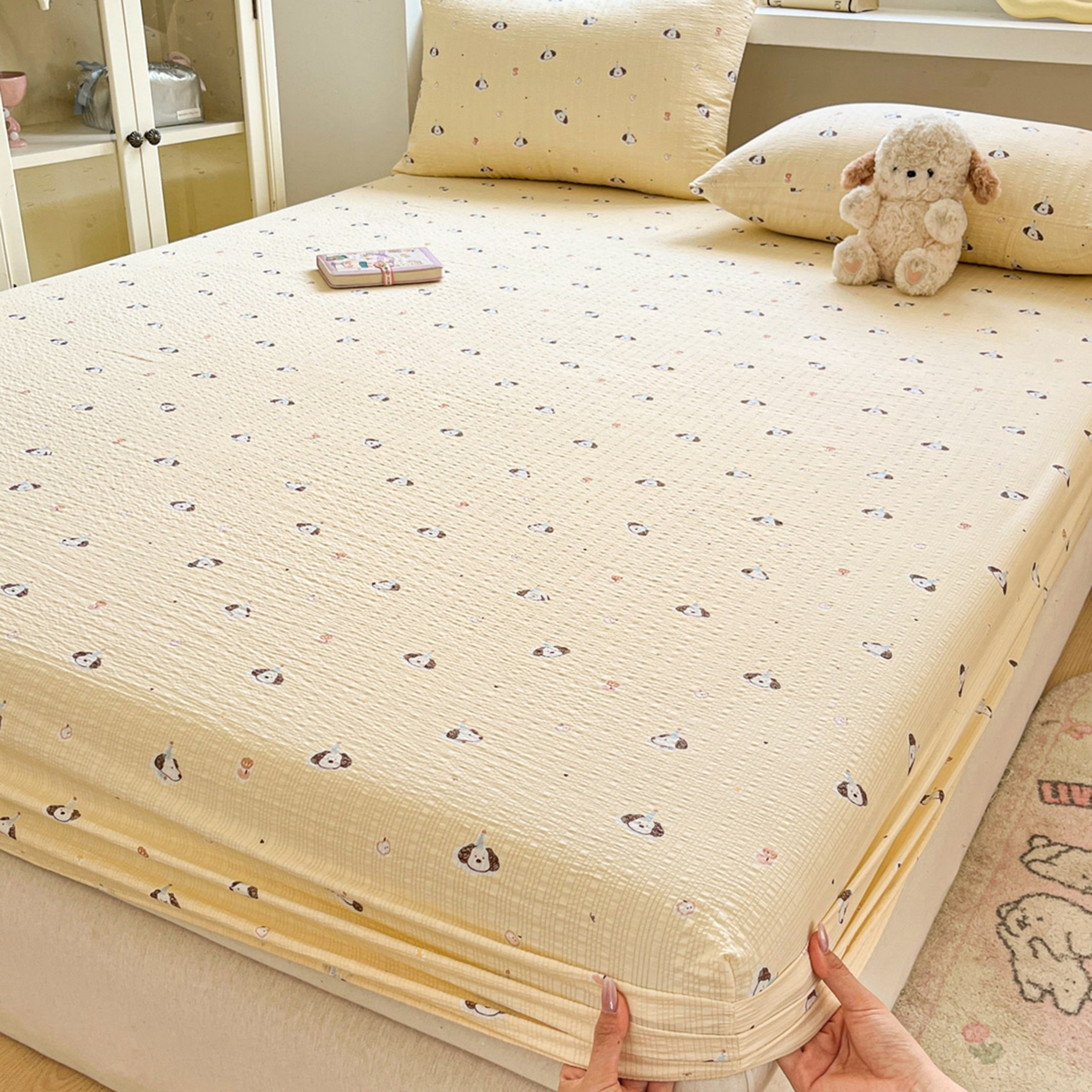 91家纺网 家纺一手货源 找家纺 蓝极人 2026新款泡泡纱印花床笠 CL生日狗