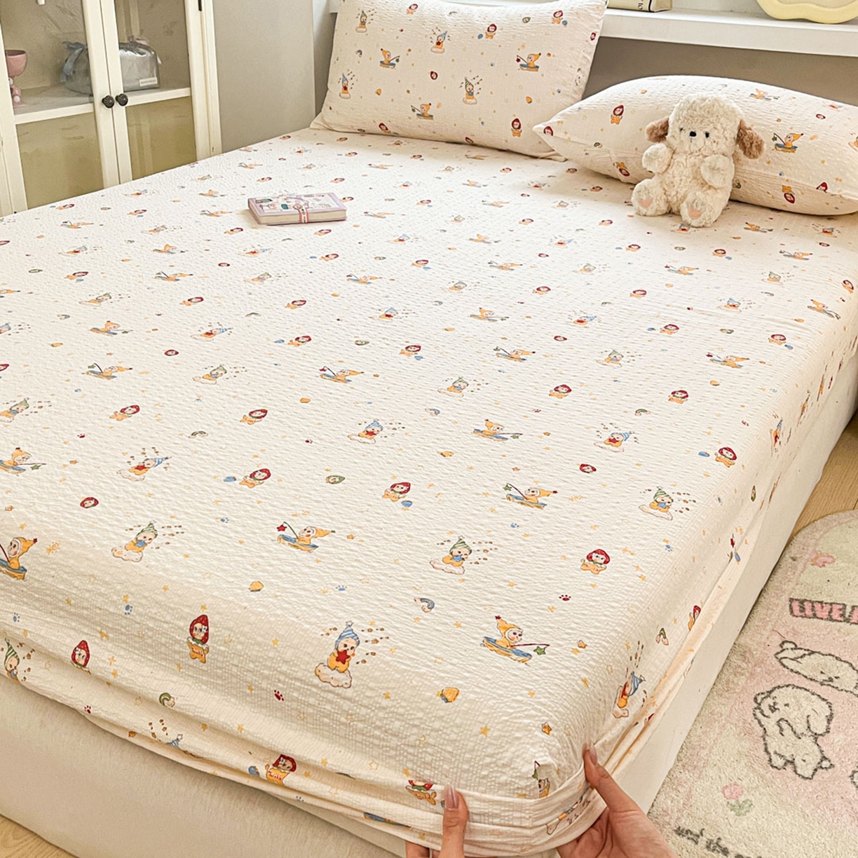 91家纺网 家纺一手货源 找家纺 蓝极人 2026新款泡泡纱印花床笠 CL星星人