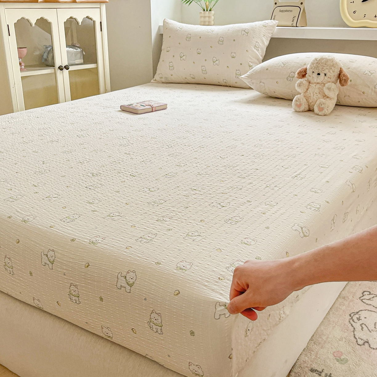 91家纺网 家纺一手货源 找家纺 蓝极人 2026新款泡泡纱印花床笠 CL耶耶狗