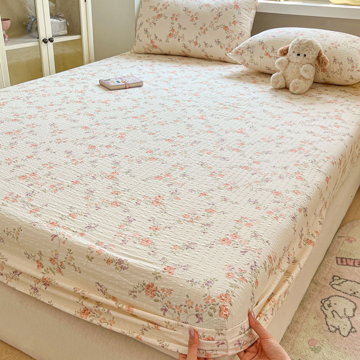 91家纺网 家纺一手货源 找家纺 蓝极人 2026新款泡泡纱印花床笠 CL春色