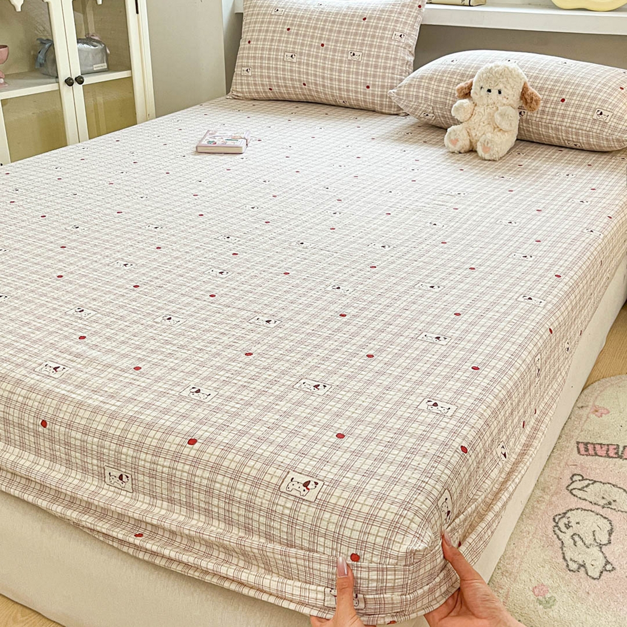 91家纺网 家纺一手货源 找家纺 蓝极人 2026新款泡泡纱印花床笠 CL苹果狗