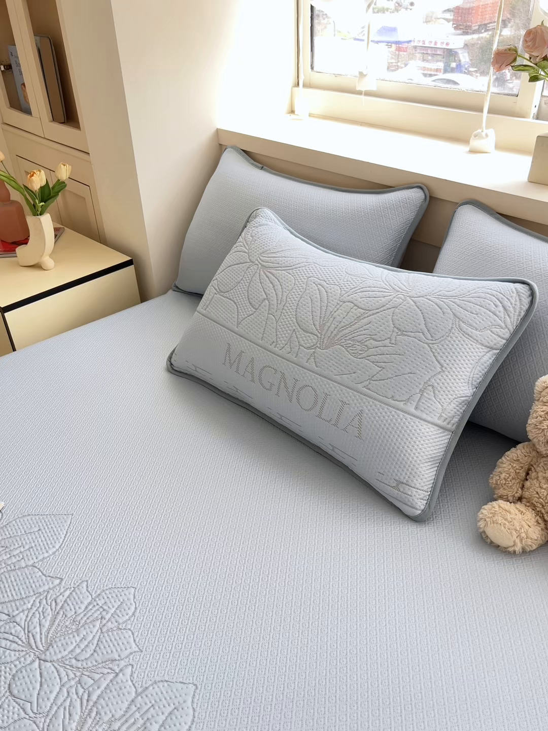 91家纺网 家纺一手货源 找家纺 能好家纺 2026新款高分子PE冰豆豆凉席床笠款 半夏灰