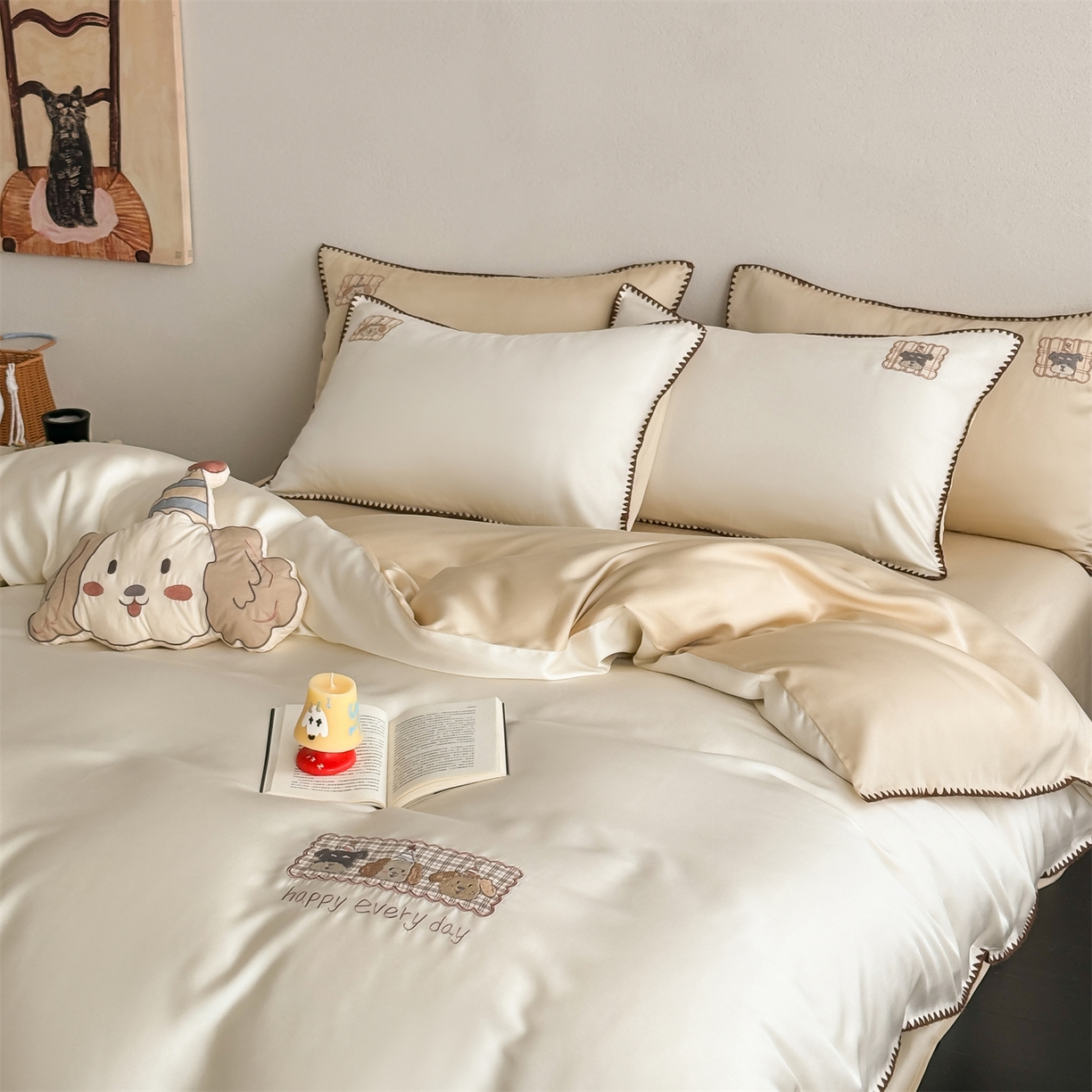 91家纺网 家纺一手货源 找家纺 （总）FORTWO家纺原创设计（FOR TWO家纺） 2026新款60支天丝贴布绣贝壳针四件套-happy狗