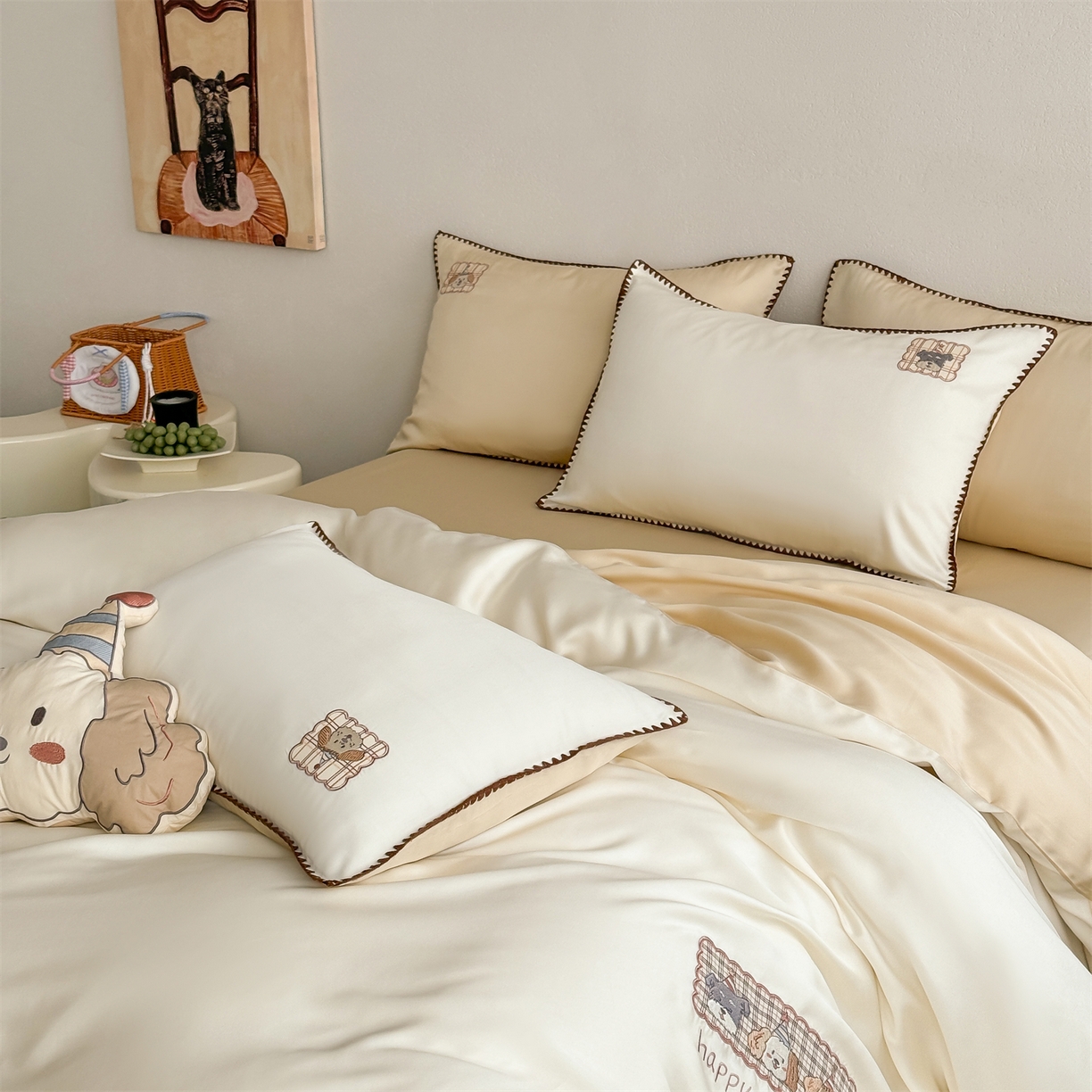 91家纺网 家纺一手货源 找家纺 （总）FORTWO家纺原创设计（FOR TWO家纺） 2026新款60支天丝贴布绣贝壳针四件套-happy狗