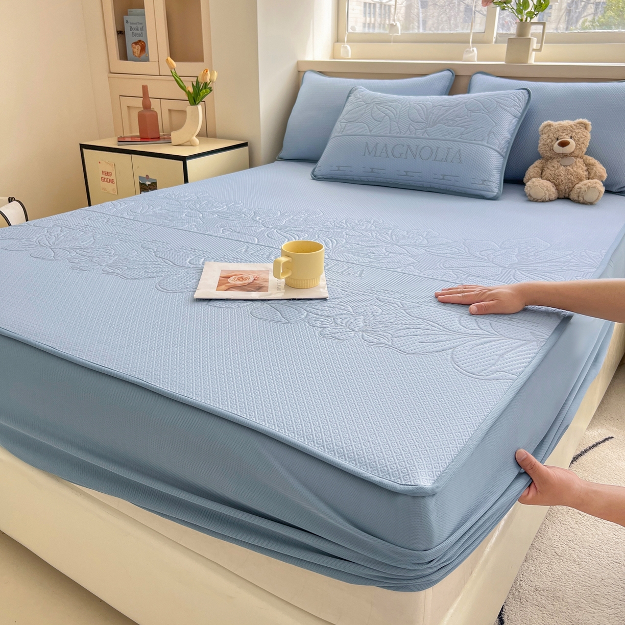 能好家纺 2026新款高分子PE冰豆豆凉席床笠款 半夏蓝