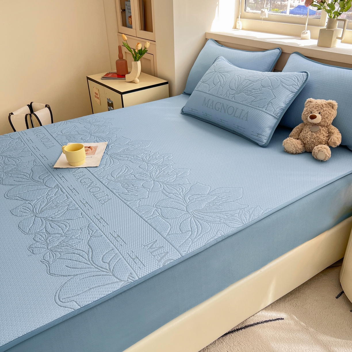 91家纺网 家纺一手货源 找家纺 能好家纺 2026新款高分子PE冰豆豆凉席床笠款 半夏蓝