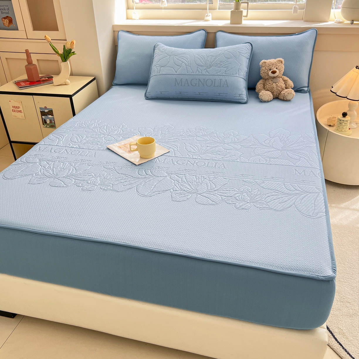 91家纺网 家纺一手货源 找家纺 能好家纺 2026新款高分子PE冰豆豆凉席床笠款 半夏蓝