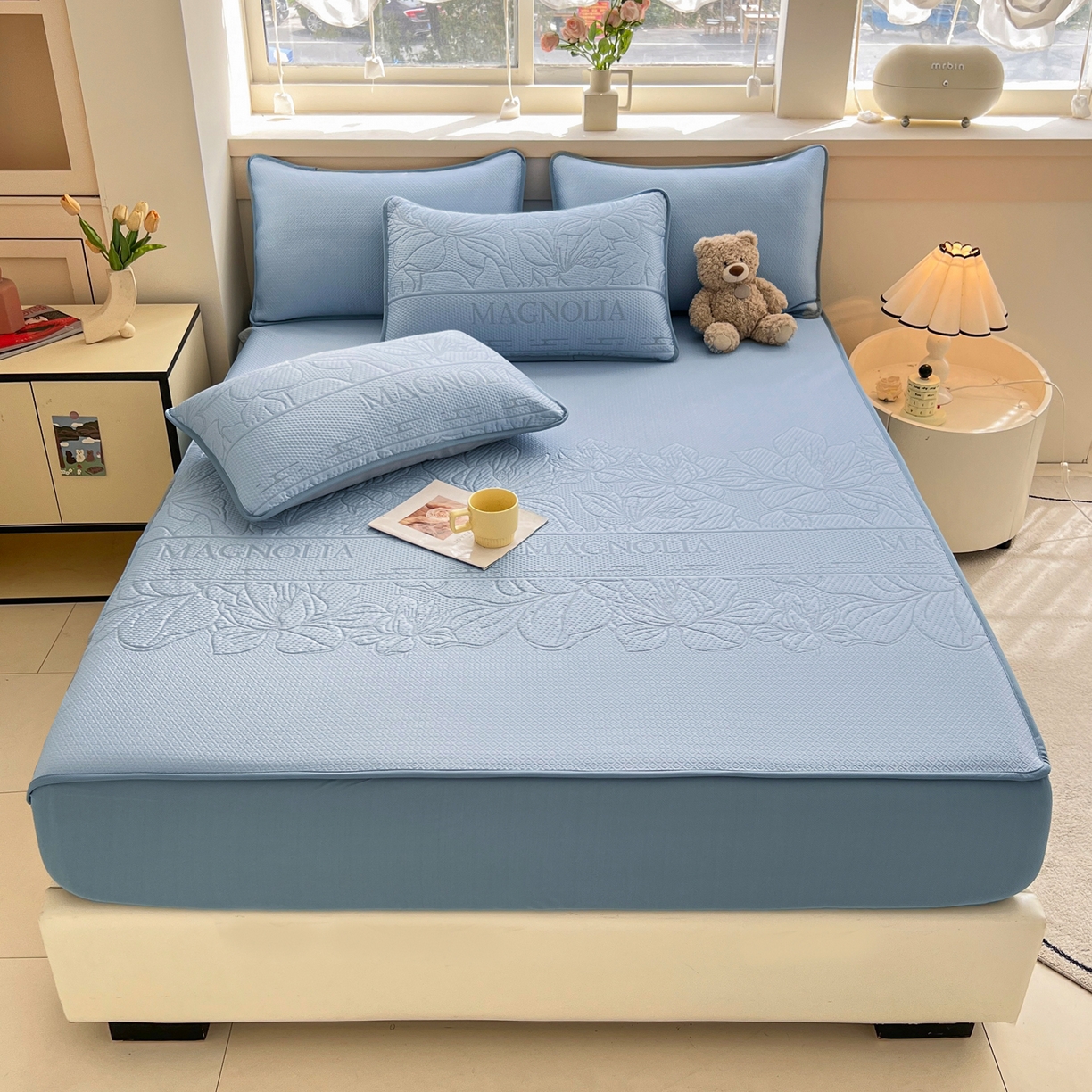 91家纺网 家纺一手货源 找家纺 能好家纺 2026新款高分子PE冰豆豆凉席床笠款 半夏蓝