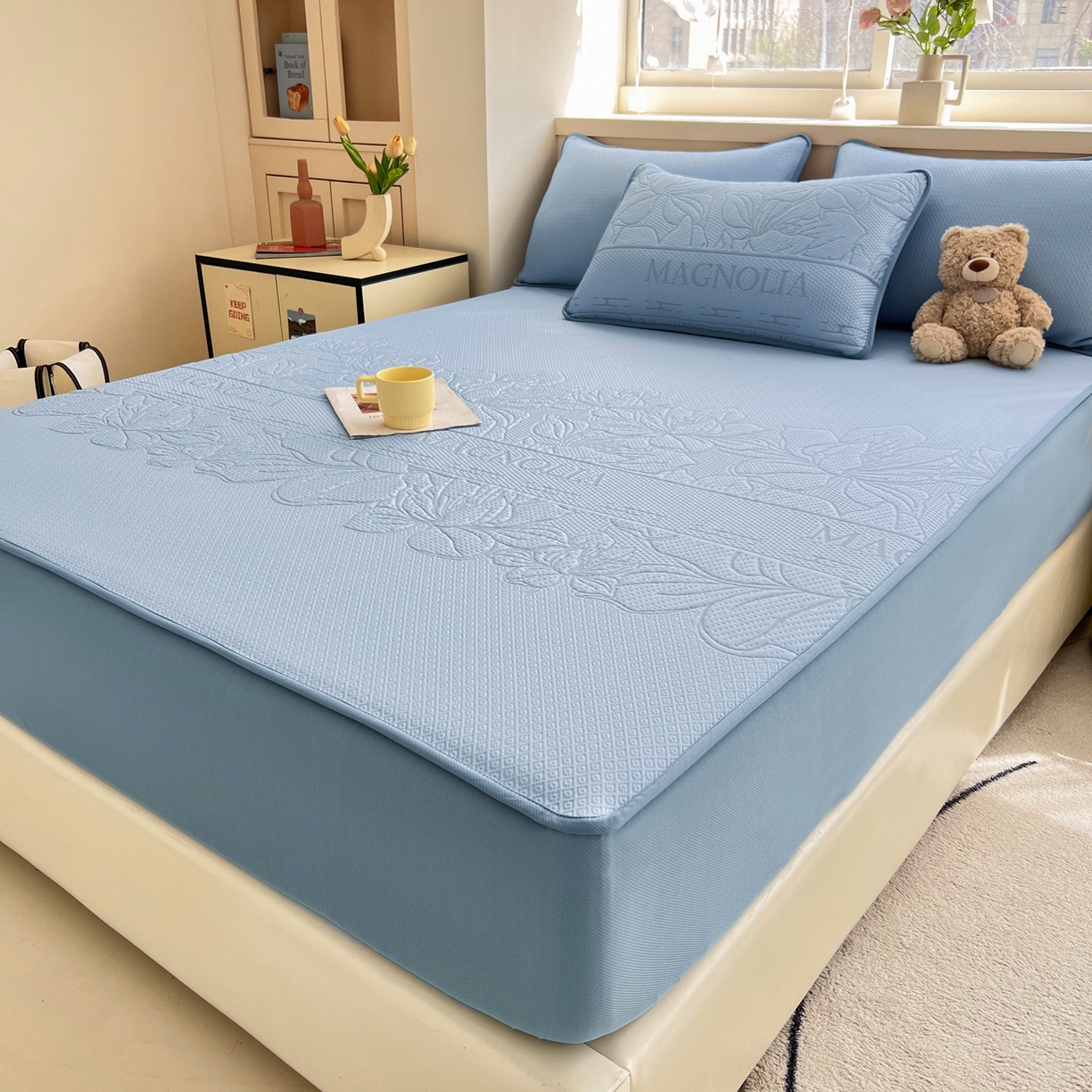 91家纺网 家纺一手货源 找家纺 能好家纺 2026新款高分子PE冰豆豆凉席床笠款 半夏蓝