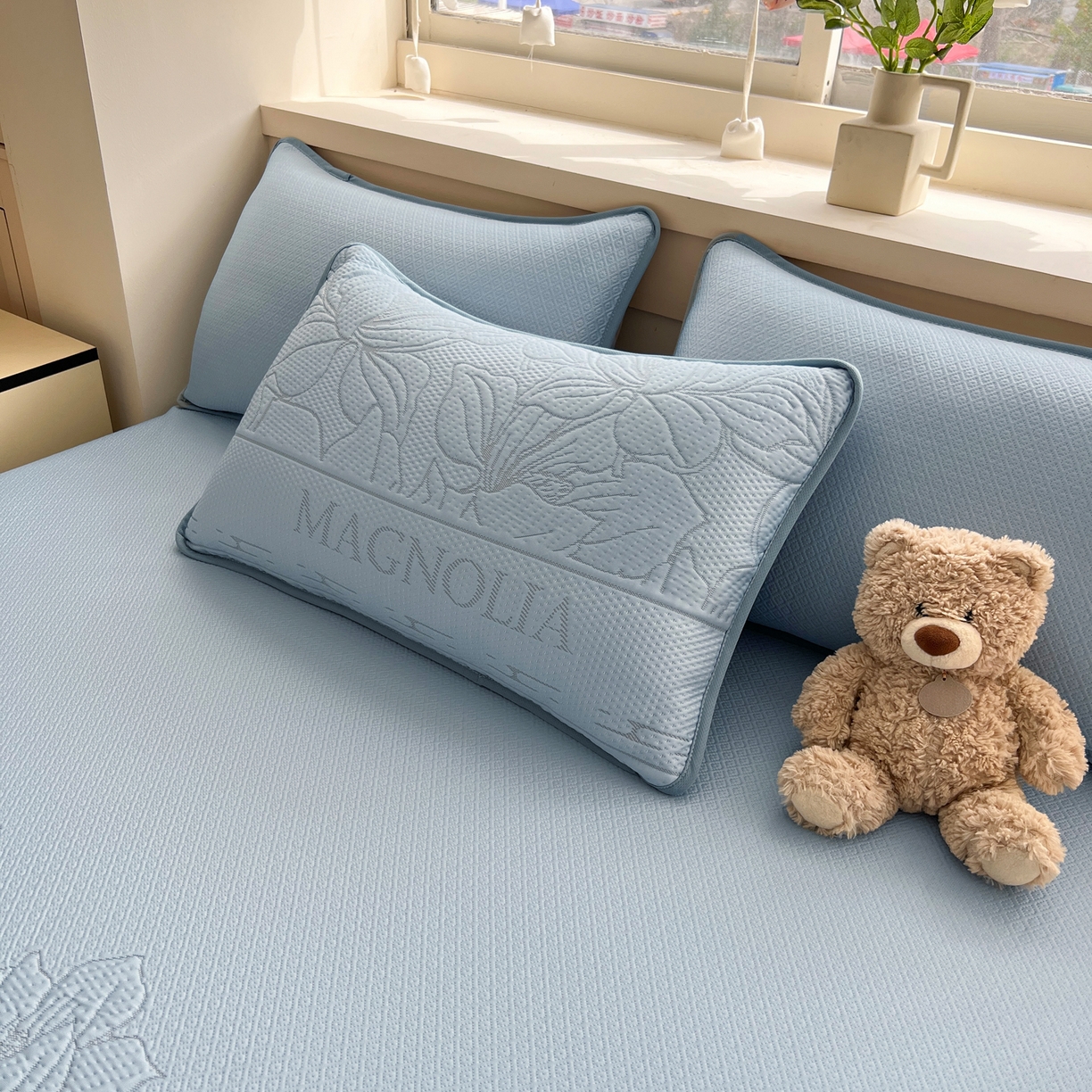 91家纺网 家纺一手货源 找家纺 能好家纺 2026新款高分子PE冰豆豆凉席床笠款 半夏蓝