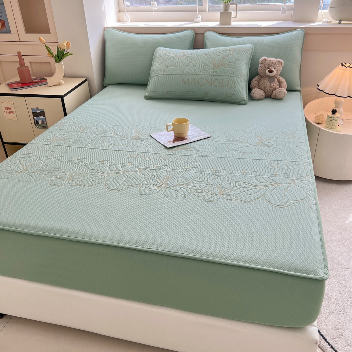 91家纺网 家纺一手货源 找家纺 能好家纺 2026新款高分子PE冰豆豆凉席床笠款 半夏绿