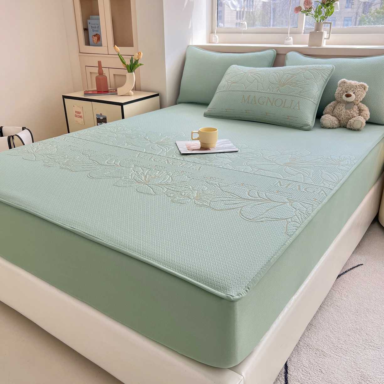 91家纺网 家纺一手货源 找家纺 能好家纺 2026新款高分子PE冰豆豆凉席床笠款 半夏绿