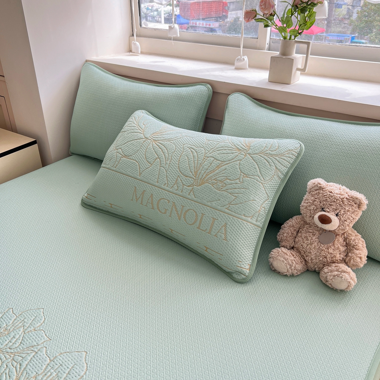 91家纺网 家纺一手货源 找家纺 能好家纺 2026新款高分子PE冰豆豆凉席床笠款 半夏绿