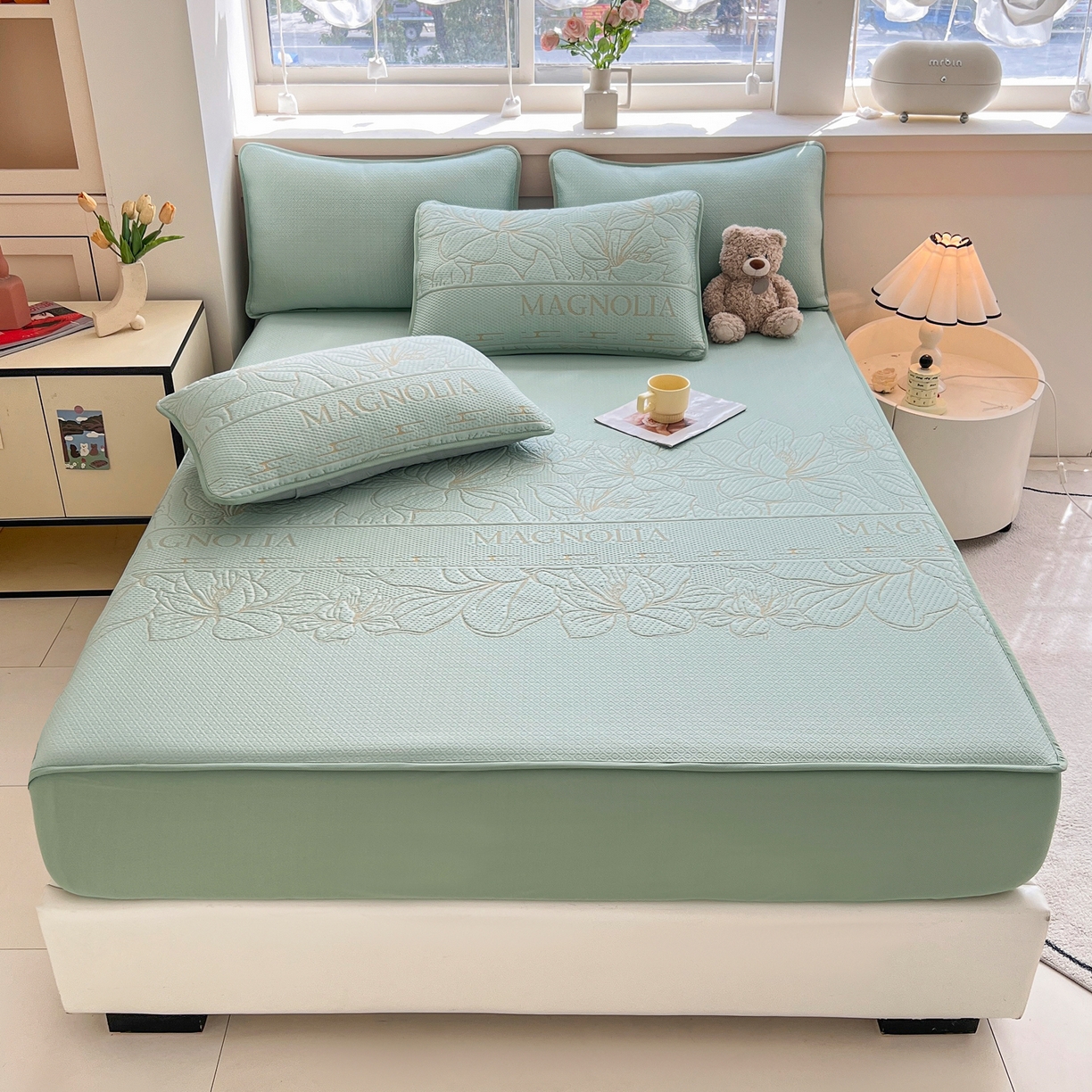 91家纺网 家纺一手货源 找家纺 能好家纺 2026新款高分子PE冰豆豆凉席床笠款 半夏绿