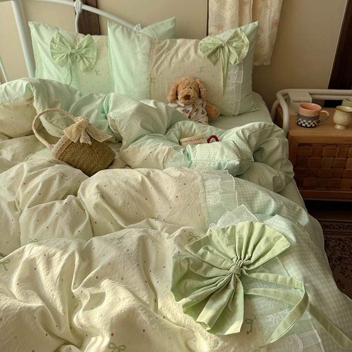 91家纺网 家纺一手货源 找家纺 （总）瑞莱 2026新款水洗棉拼接工艺花边款四件套