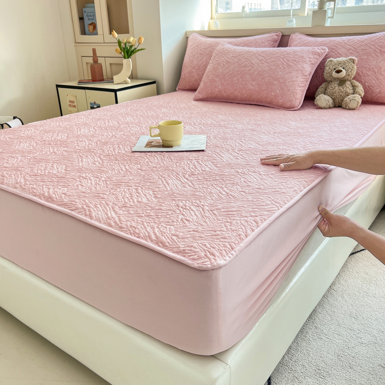 能好家纺 2026新款高分子PE冰豆豆凉席床笠款 轻奢粉