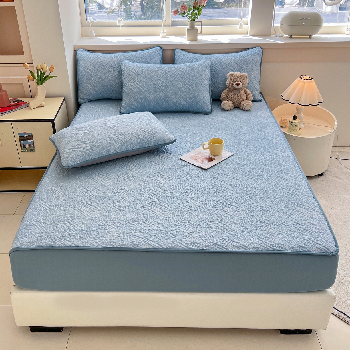 91家纺网 家纺一手货源 找家纺 能好家纺 2026新款高分子PE冰豆豆凉席床笠款 轻奢蓝