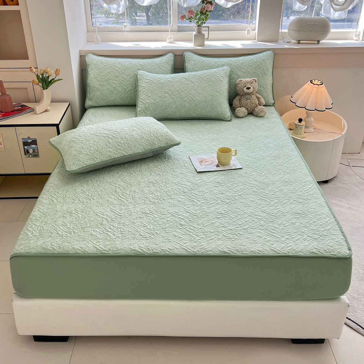 91家纺网 家纺一手货源 找家纺 能好家纺 2026新款高分子PE冰豆豆凉席床笠款 轻奢绿