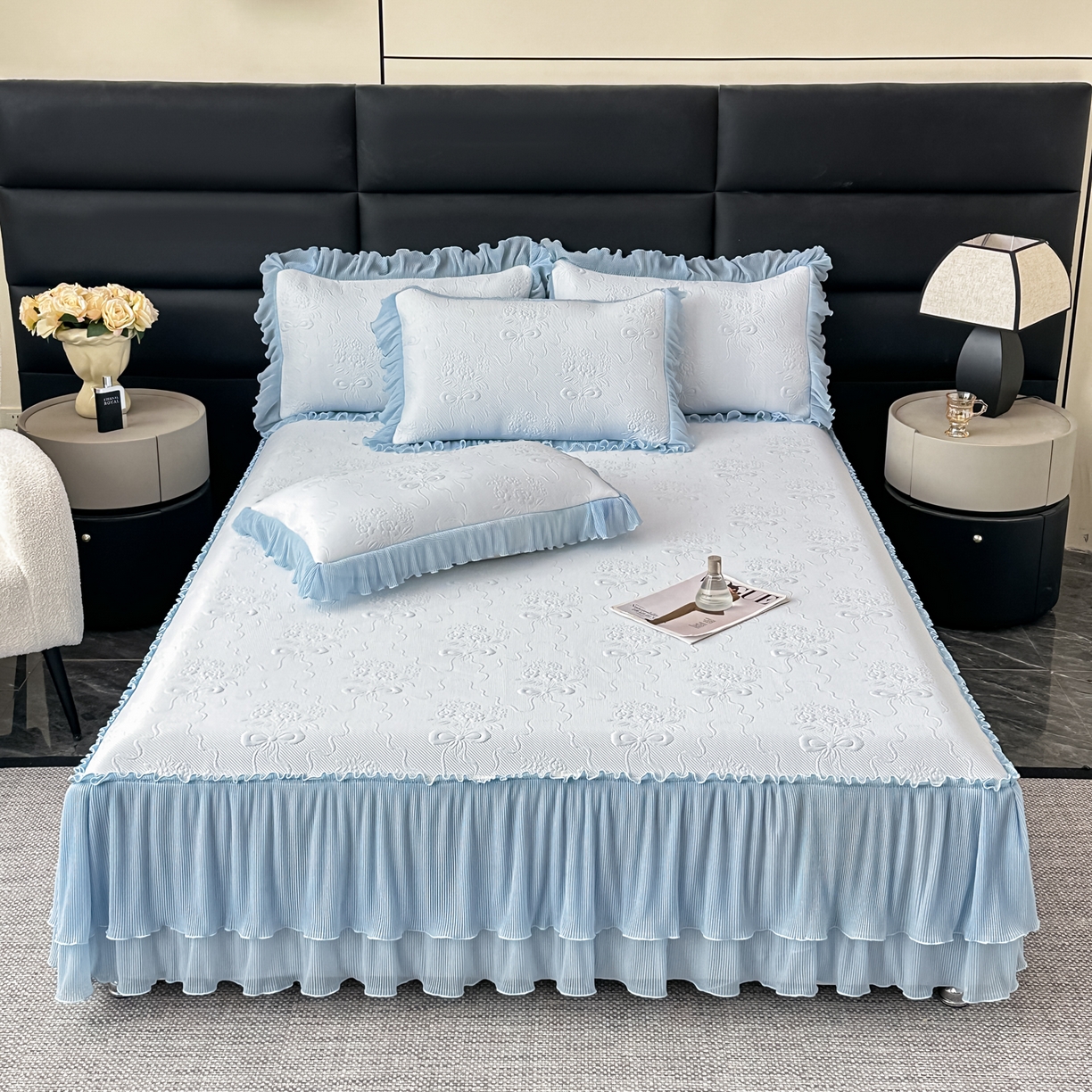 91家纺网 家纺一手货源 找家纺 梓之赫 2026新款凉感冰豆豆床裙款凉席席子-浪漫蝴蝶结 浪漫蝴蝶结-蓝