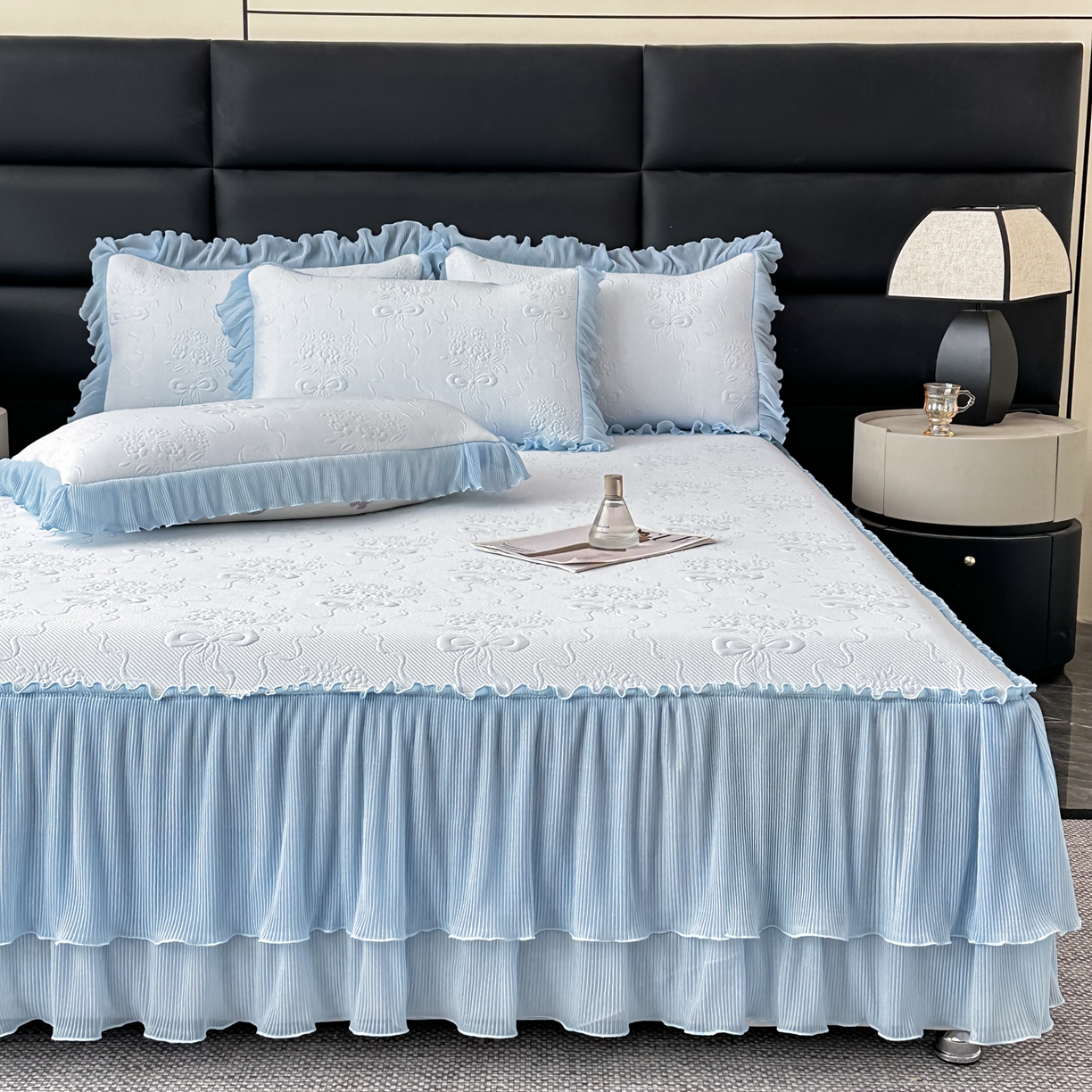 91家纺网 家纺一手货源 找家纺 梓之赫 2026新款凉感冰豆豆床裙款凉席席子-浪漫蝴蝶结 浪漫蝴蝶结-蓝