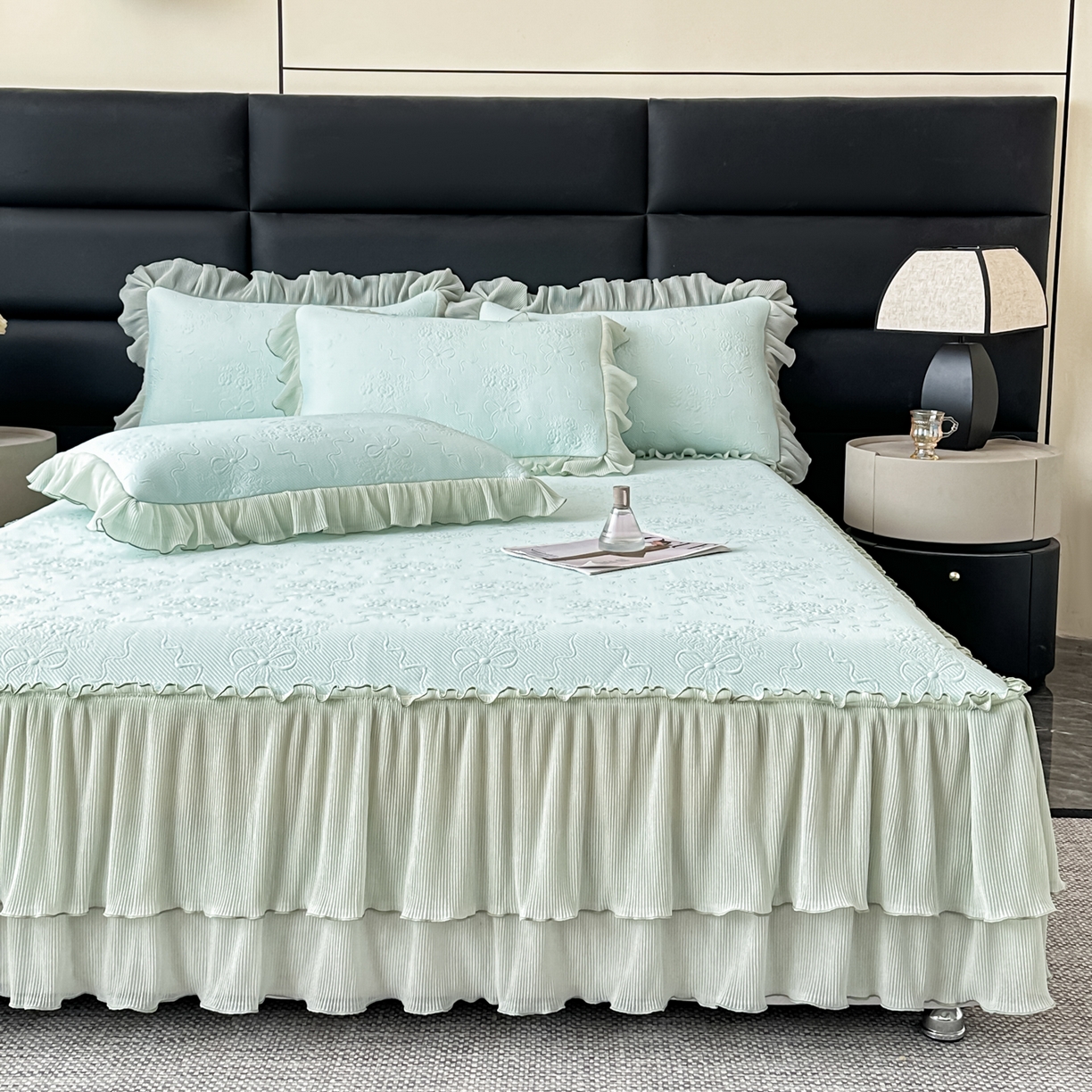 91家纺网 家纺一手货源 找家纺 梓之赫 2026新款凉感冰豆豆床裙款凉席席子-浪漫蝴蝶结 浪漫蝴蝶结-绿