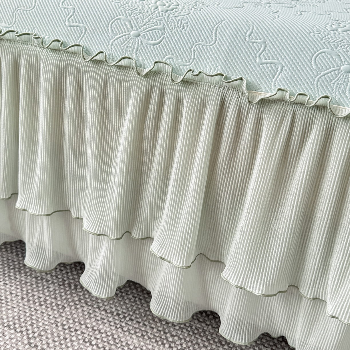 91家纺网 家纺一手货源 找家纺 梓之赫 2026新款凉感冰豆豆床裙款凉席席子-浪漫蝴蝶结 浪漫蝴蝶结-绿