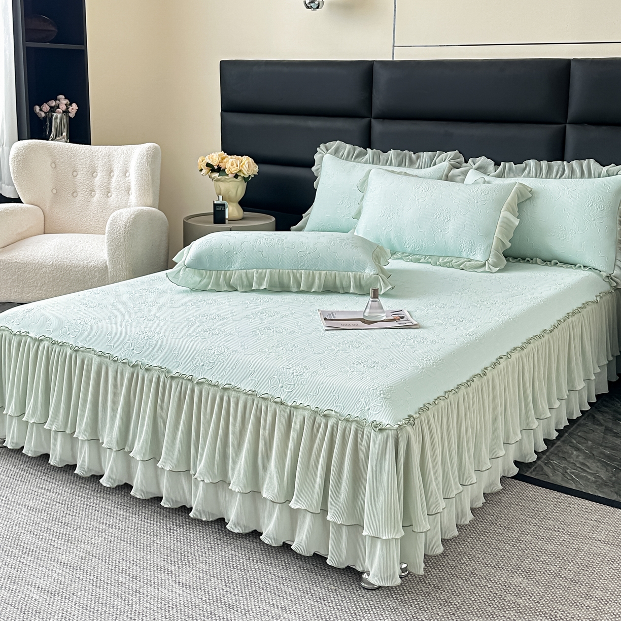 91家纺网 家纺一手货源 找家纺 梓之赫 2026新款凉感冰豆豆床裙款凉席席子-浪漫蝴蝶结 浪漫蝴蝶结-绿