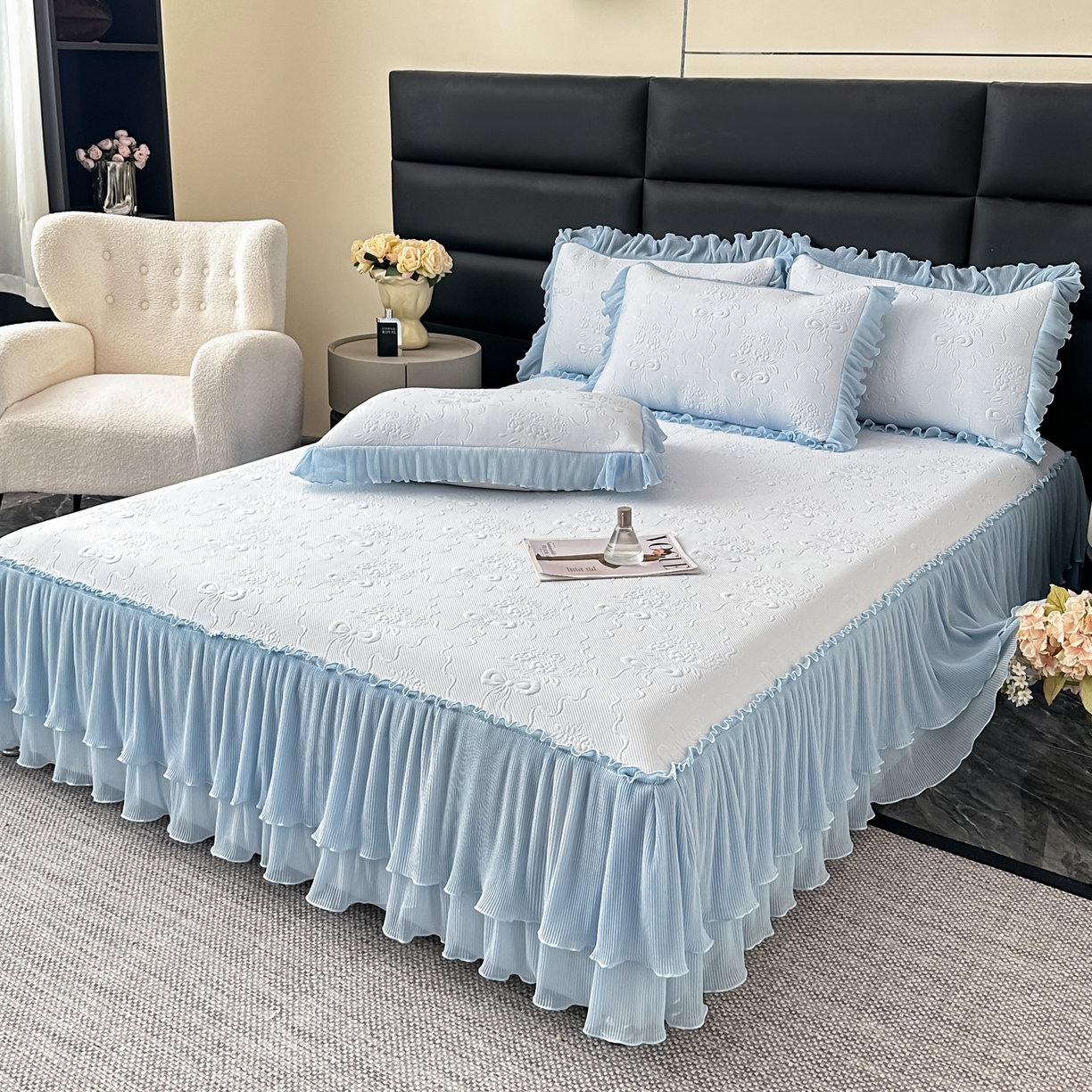 91家纺网 家纺一手货源 找家纺 梓之赫 2026新款凉感冰豆豆床裙款凉席席子-浪漫蝴蝶结 浪漫蝴蝶结-蓝