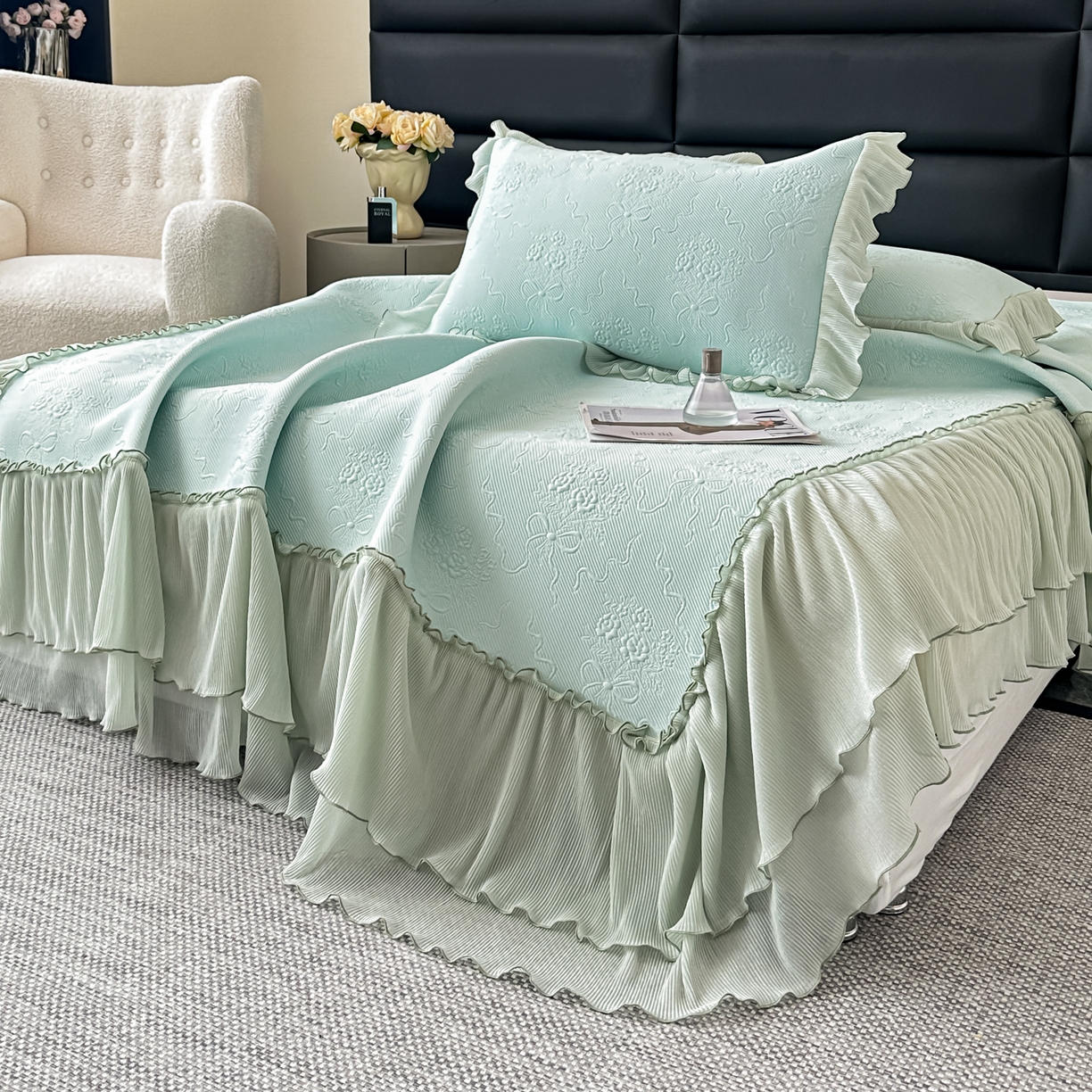 91家纺网 家纺一手货源 找家纺 梓之赫 2026新款凉感冰豆豆床裙款凉席席子-浪漫蝴蝶结 浪漫蝴蝶结-绿