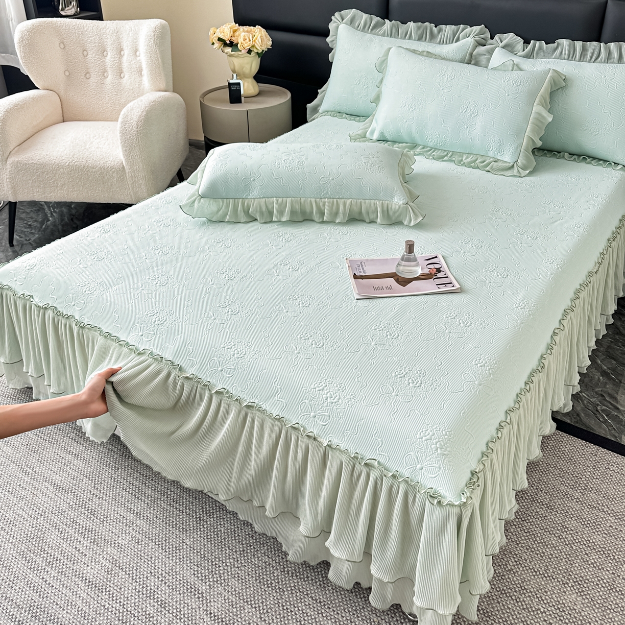 91家纺网 家纺一手货源 找家纺 梓之赫 2026新款凉感冰豆豆床裙款凉席席子-浪漫蝴蝶结 浪漫蝴蝶结-绿