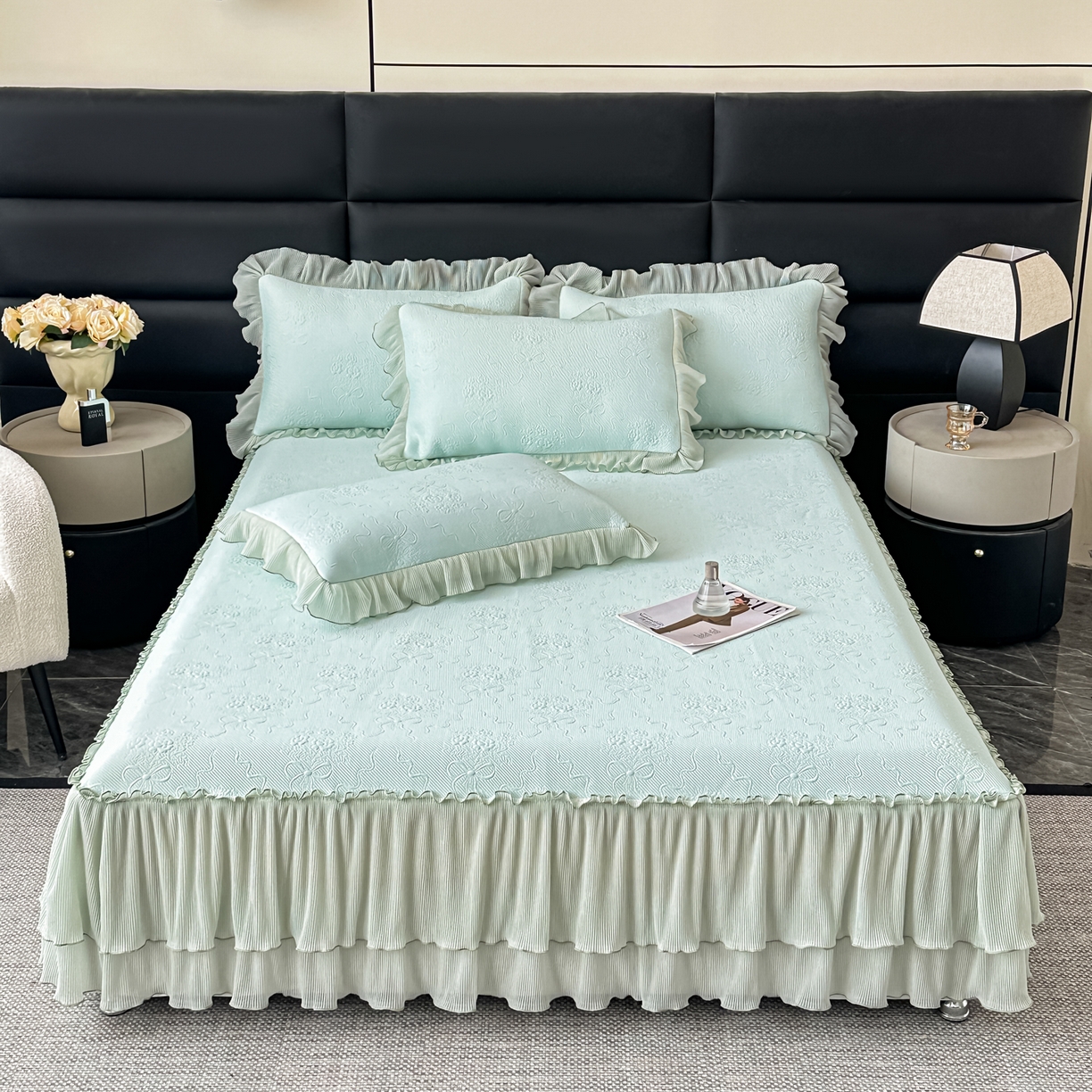 91家纺网 家纺一手货源 找家纺 梓之赫 2026新款凉感冰豆豆床裙款凉席席子-浪漫蝴蝶结 浪漫蝴蝶结-绿