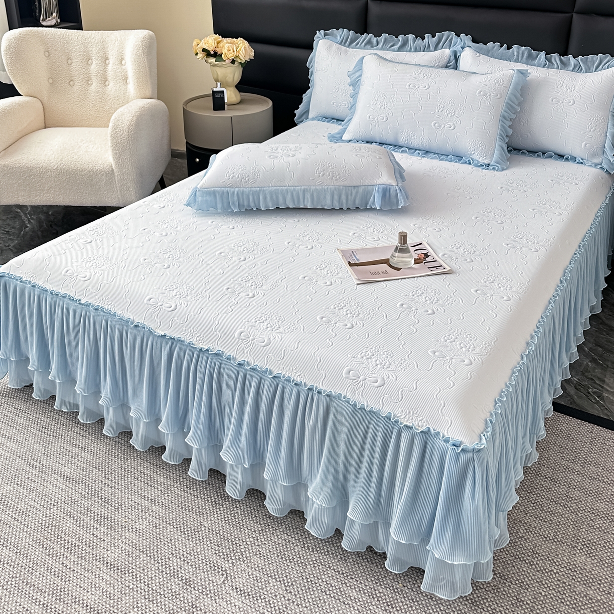 梓之赫 2026新款凉感冰豆豆床裙款凉席席子-浪漫蝴蝶结 浪漫蝴蝶结-蓝