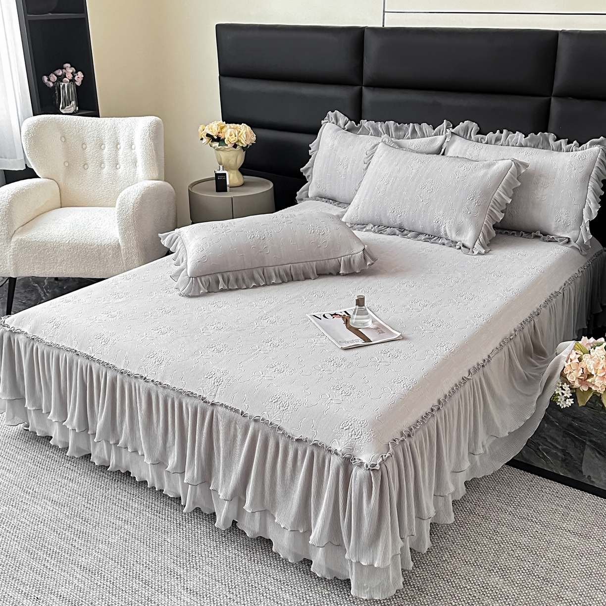 91家纺网 家纺一手货源 找家纺 梓之赫 2026新款凉感冰豆豆床裙款凉席席子-浪漫蝴蝶结 浪漫蝴蝶结-灰