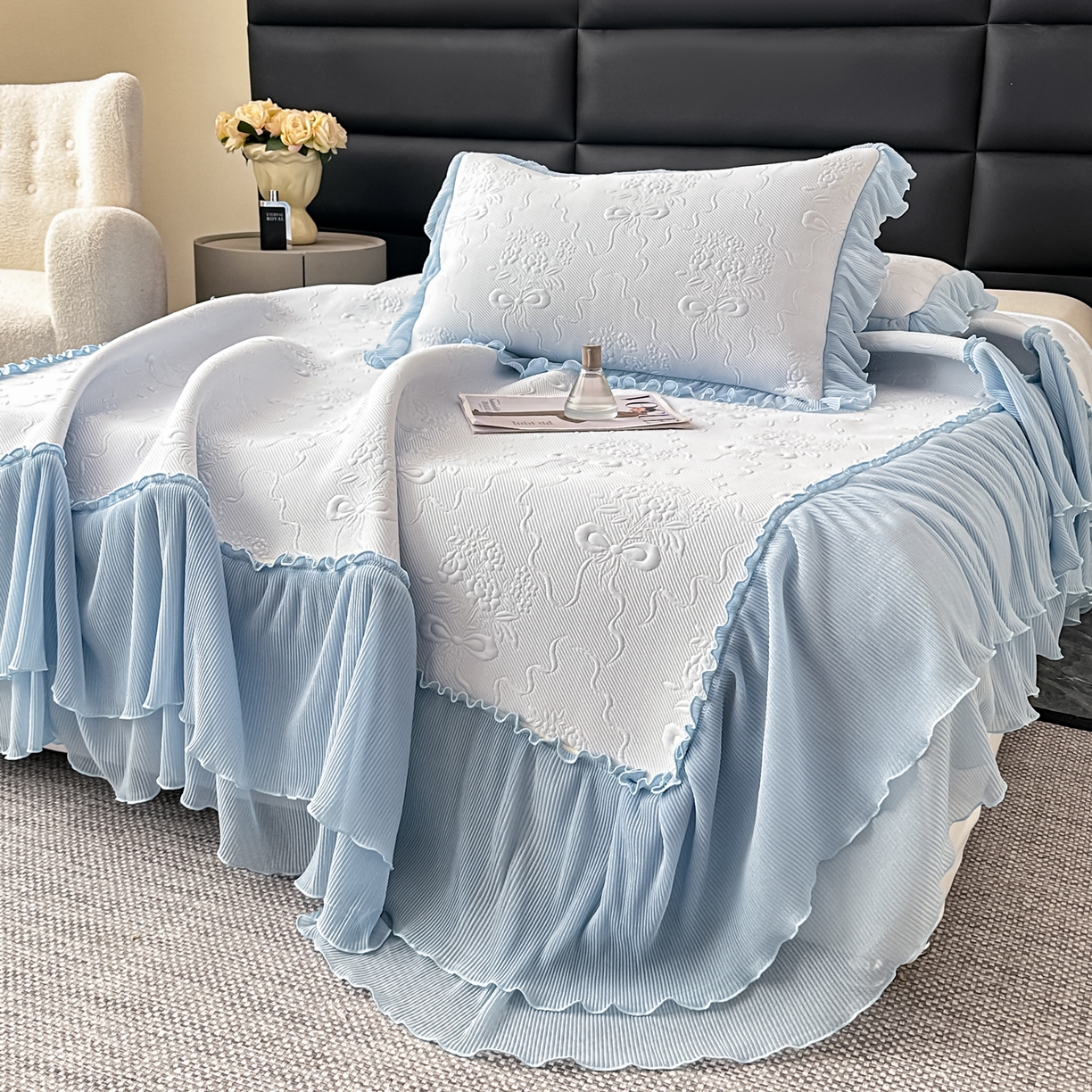 91家纺网 家纺一手货源 找家纺 梓之赫 2026新款凉感冰豆豆床裙款凉席席子-浪漫蝴蝶结 浪漫蝴蝶结-蓝