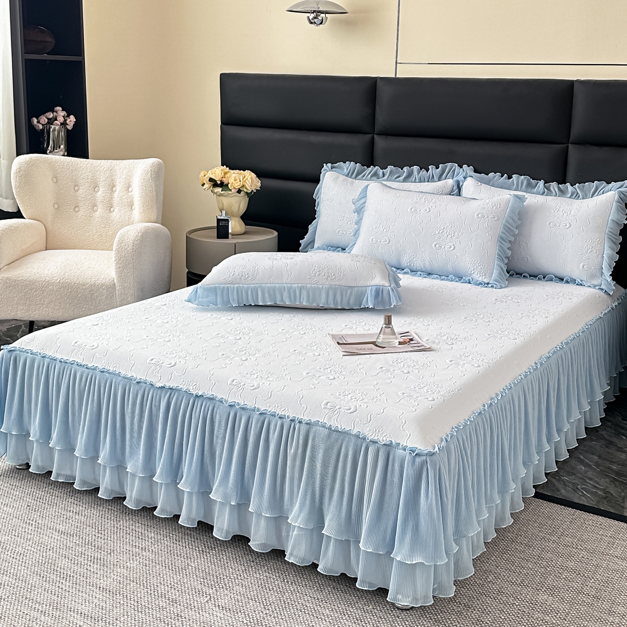 91家纺网 家纺一手货源 找家纺 梓之赫 2026新款凉感冰豆豆床裙款凉席席子-浪漫蝴蝶结 浪漫蝴蝶结-蓝