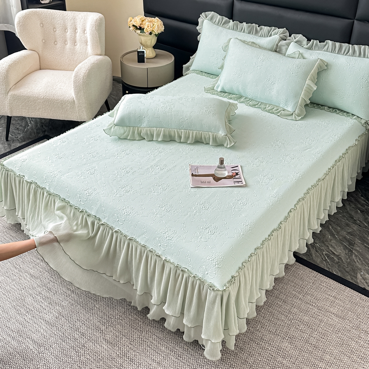 91家纺网 家纺一手货源 找家纺 梓之赫 2026新款凉感冰豆豆床裙款凉席席子-浪漫蝴蝶结 浪漫蝴蝶结-绿