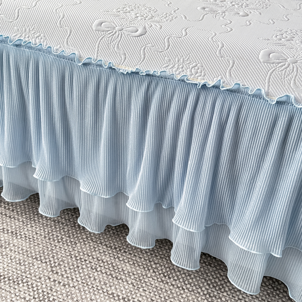 91家纺网 家纺一手货源 找家纺 梓之赫 2026新款凉感冰豆豆床裙款凉席席子-浪漫蝴蝶结 浪漫蝴蝶结-蓝