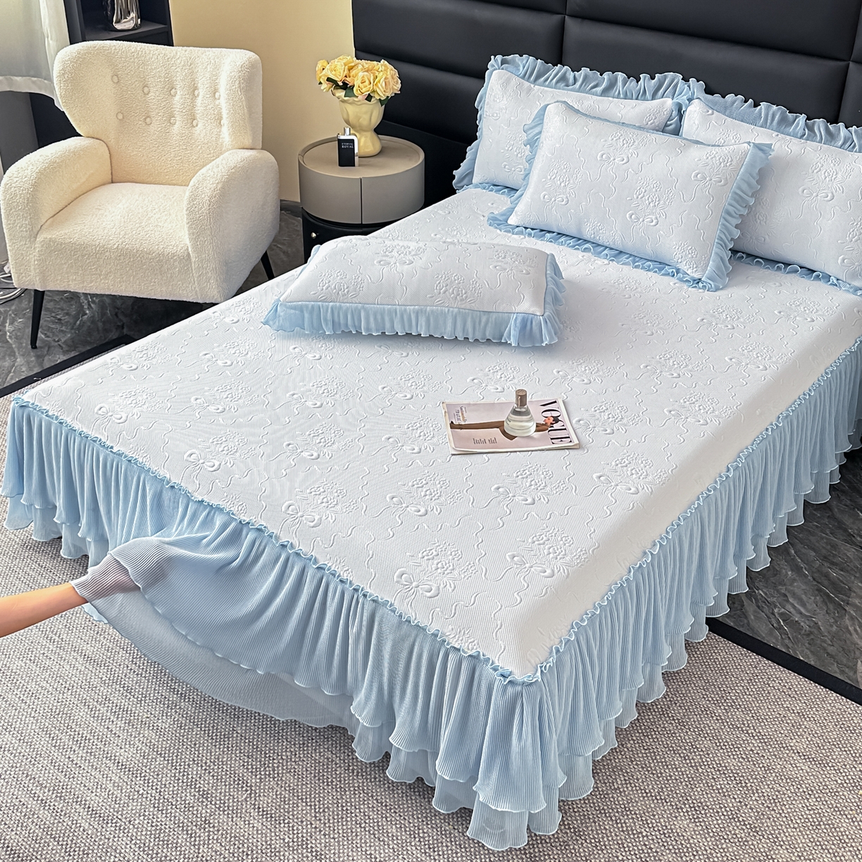 91家纺网 家纺一手货源 找家纺 梓之赫 2026新款凉感冰豆豆床裙款凉席席子-浪漫蝴蝶结 浪漫蝴蝶结-蓝