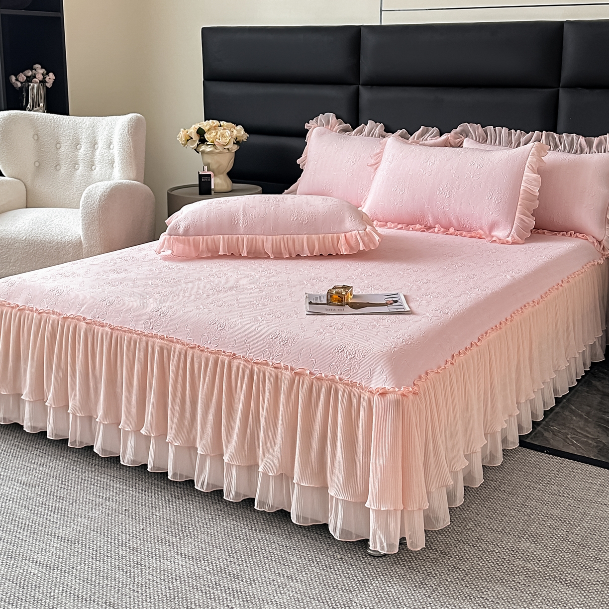 91家纺网 家纺一手货源 找家纺 梓之赫 2026新款凉感冰豆豆床裙款凉席席子-浪漫蝴蝶结 浪漫蝴蝶结-粉