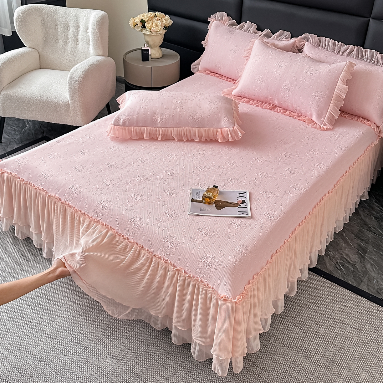 91家纺网 家纺一手货源 找家纺 梓之赫 2026新款凉感冰豆豆床裙款凉席席子-浪漫蝴蝶结 浪漫蝴蝶结-粉