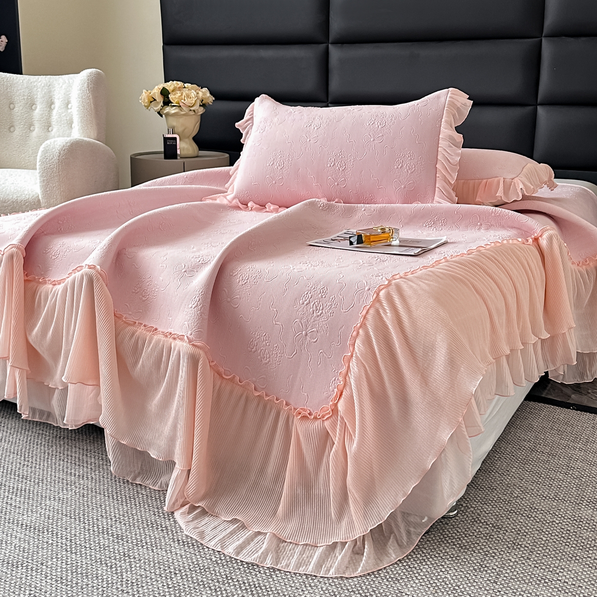 91家纺网 家纺一手货源 找家纺 梓之赫 2026新款凉感冰豆豆床裙款凉席席子-浪漫蝴蝶结 浪漫蝴蝶结-粉